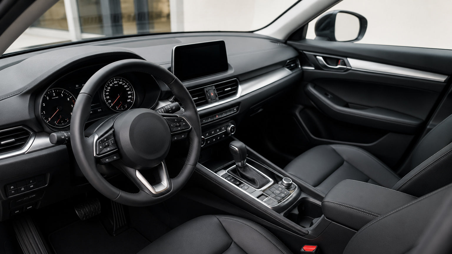 Car interior with steering wheel, dashboard, and center console.