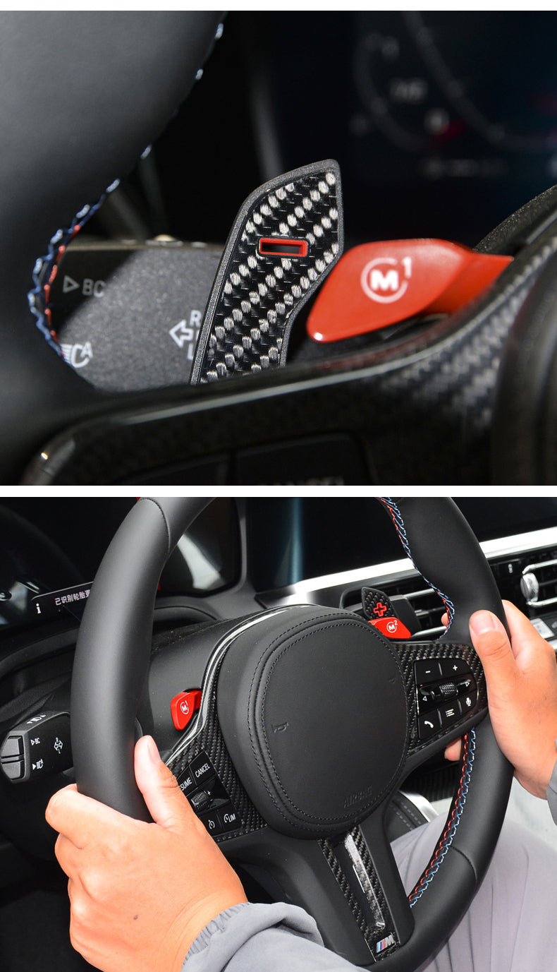 Paddle shifters carbon fiber BMV F and G series red in car closeup