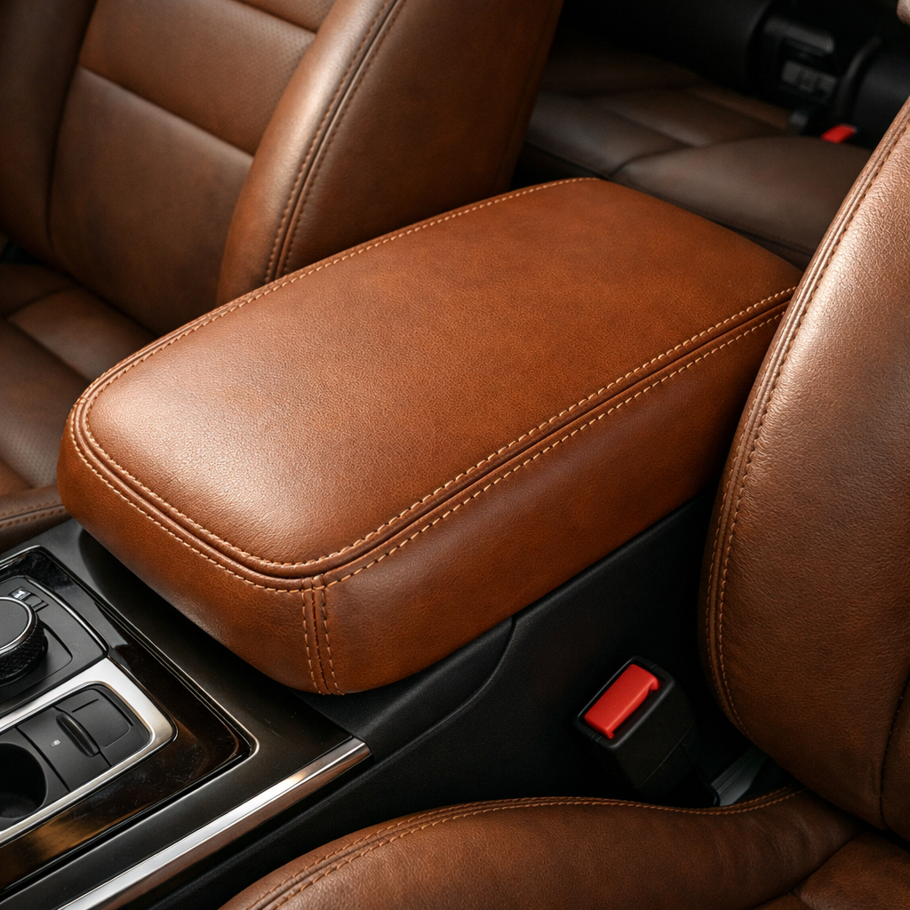 Center Console Lid Cover Leather — Enhanced / Brown / With Stitching